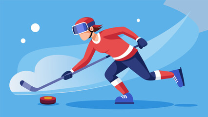 Obraz premium A player wearing a VR headset mimicking the movement and techniques of a professional hockey player as they shoot and pass the puck.. Vector illustration