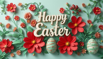 Happy Easter with red Floral Decorations and Eggs. whtie Happy Easter text. Easter greetings. idea for Easter cards, social media, greeting card, poster, brochure flyer. green background