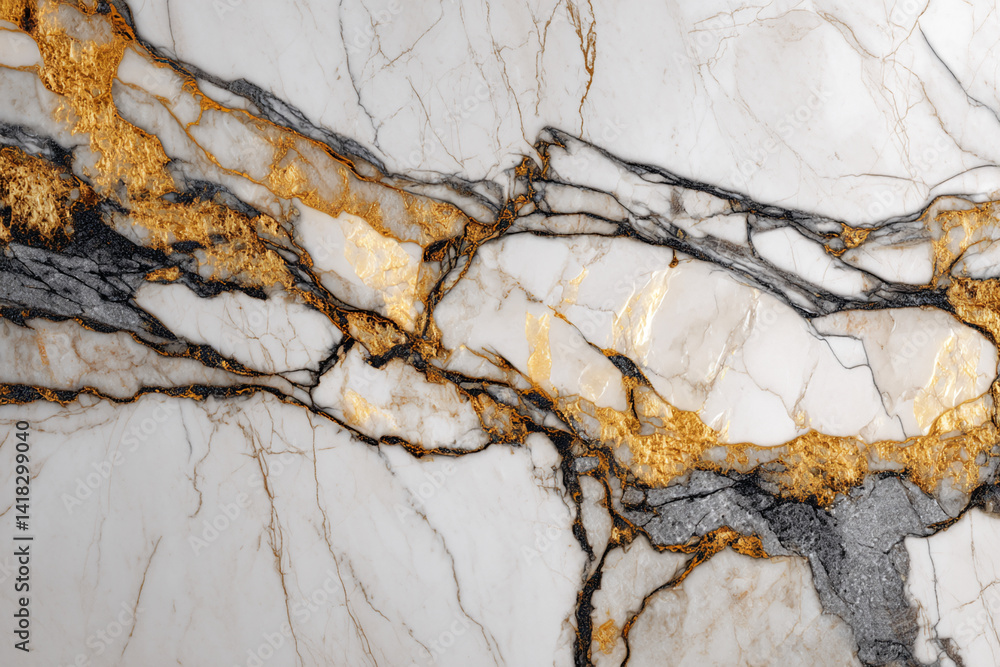 Poster white marble texture with gold and grey veins, creating a luxurious and elegant appearance, ideal fo
