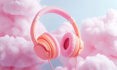 icons design of stylish cool pink and orange color pastel theme headphones flying in clouds for enjoying listening to music or podcast or streamers, wide banner design with empty copy space