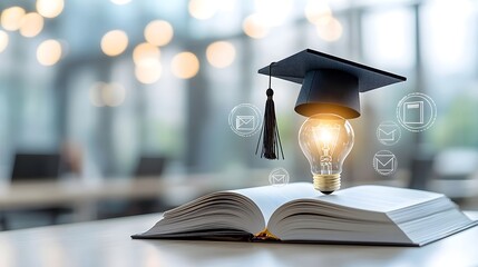 A radiant lightbulb on an open book wearing a graduation cap surrounded by digital learning icons highlighted by soft bokeh lights in a dreamy background