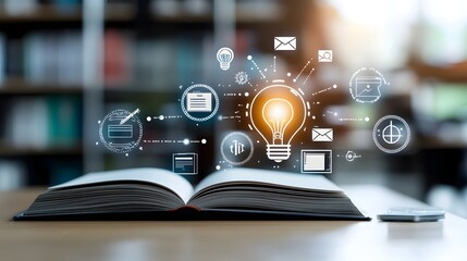 An open book with a luminous lightbulb symbolizing the power of digital education surrounded by floating icons representing online learning digital degrees