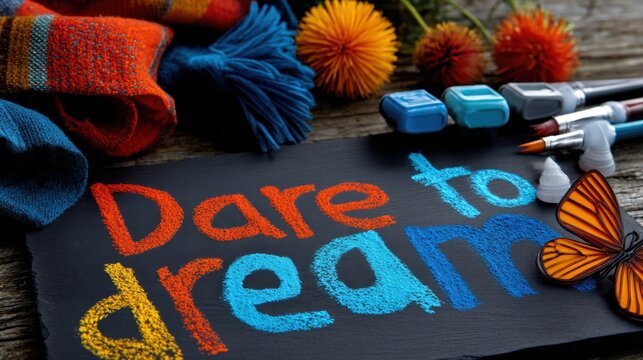 Colorful "Dare to Dream" Text Written with Colored Sand on Blackboard with Art Supplies and Flowers