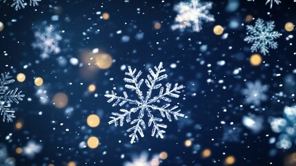 Fototapeta premium Abstract snowflake illustration against a blue backdrop with bokeh effects.