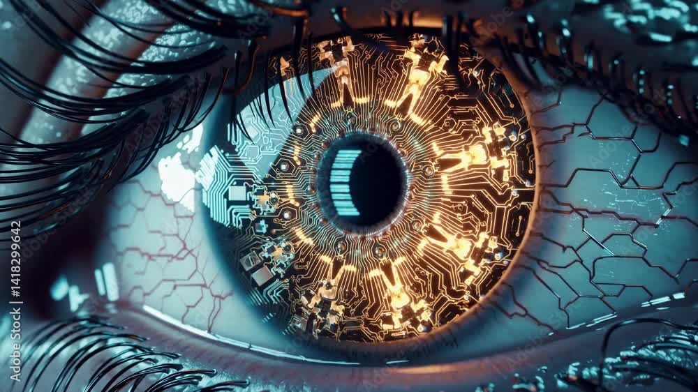 Aufkleber macro close-up of human eye with technological circuit board iris, representing artificial intellige
