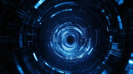 Fototapeta premium Futuristic blue digital tunnel with glowing lines in abstract cyberspace.