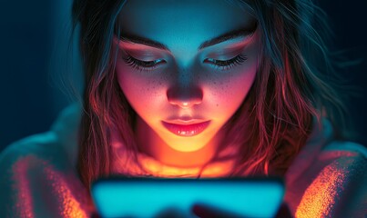 teenager girl in cartoon 3d style kid sneaking playing videogames or watching videos and social media late at night on smartphone glowing screen with copyspace wide
