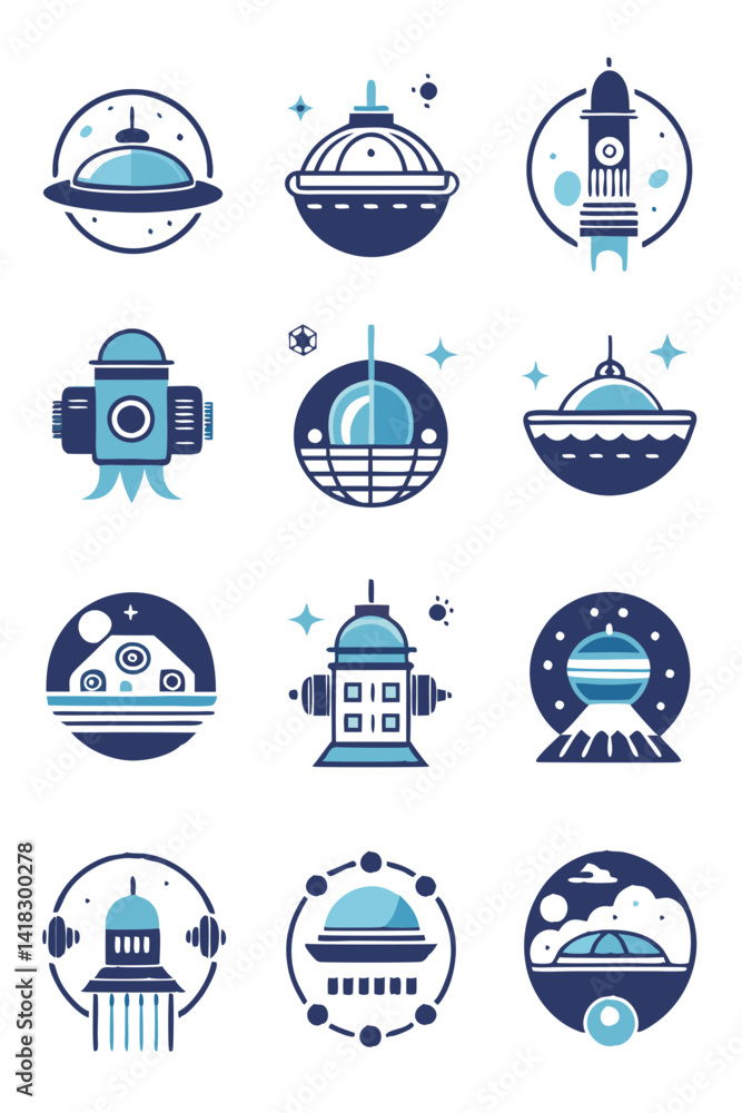 Poster stylized vector set of space icons and symbols