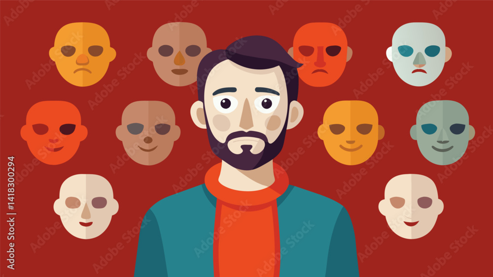 Poster a selfportrait features the artist standing in front of a wall of masks each with a different emotio