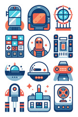 Collection of vintage robot and space themed flat icons