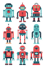Collection of Nine Colorful Cartoon Retro Style Robots