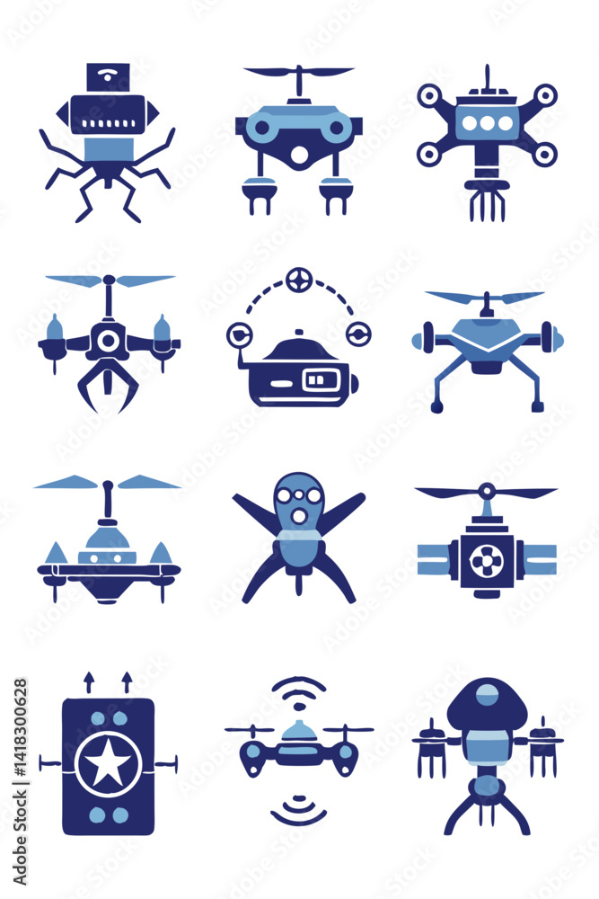 Poster collection of futuristic drone and robot vector icons