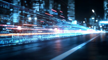 Vibrant light beams race through the nighttime city creating a dynamic and futuristic impression of technological power