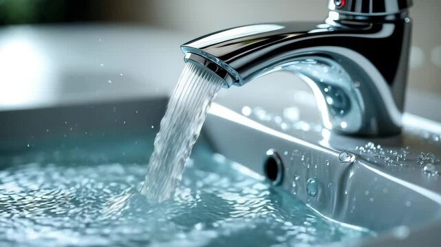 Detailed view of a faucet releasing a continuous jet of water into the sink, emphasizing the powerful flow