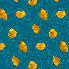 Yellow ducklings floating in the water.Vector seamless pattern with yellow ducklings on a colored background.