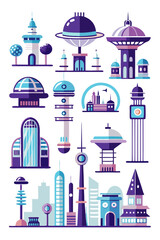 Naklejka premium Modern Futuristic Cityscape Illustration with Retro Geometric Buildings