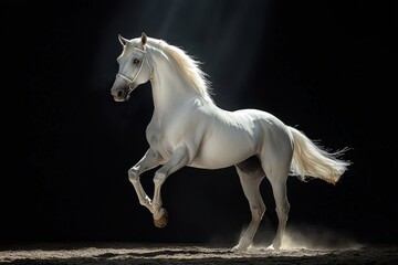 Standing and rearing silver white horse in studio interior dramatic lighting isolated on black with copy space area