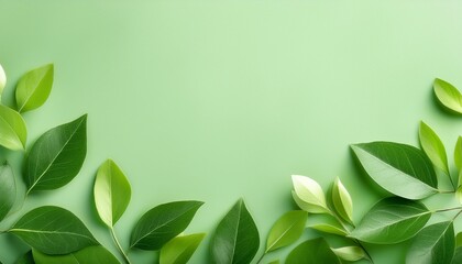 Fototapeta premium Spring Leaves on Pastel Green Background with Copy Space