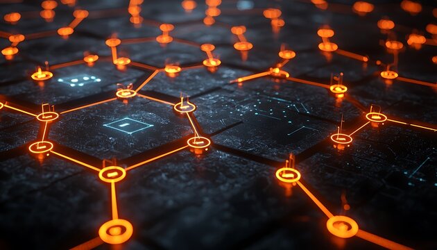 Complex network of interconnected hexagonal data nodes. - Powered by Adobe
