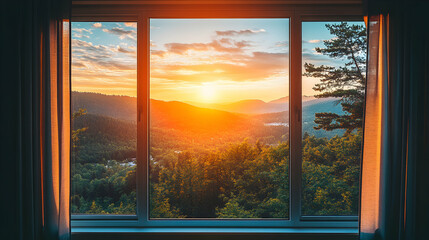 Serene sunset view through a window, showcasing a picturesque landscape of mountains and forests bathed in golden light.  The curtains add a touch of coziness to the scene.
