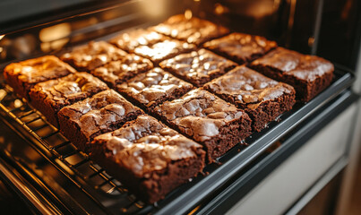 homemade very delicious baked brownies being baked inside the kitchen oven