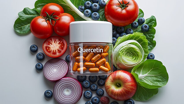 container with capsules, inscription quercetin, different vegetables and fruits on white background
