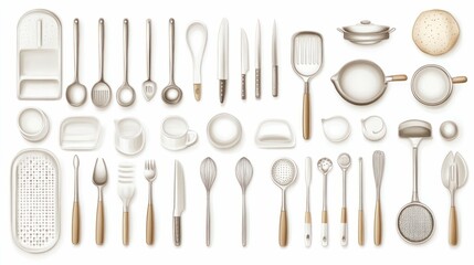 Top-view illustration of assorted kitchenware and cooking utensils on white.