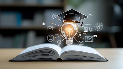 A radiant lightbulb rests atop an open book adorned with a graduation cap surrounded by icons representing the digital tools and accomplishments of modern e learning