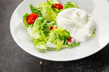Burrata cheese salad buffalo milk cheese salad dish fresh delicious gourmet food background on the table rustic food top view copy space keto and paleo diet vegetarian