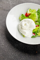 Burrata cheese salad buffalo milk cheese salad dish fresh delicious gourmet food background on the table rustic food top view copy space keto and paleo diet vegetarian