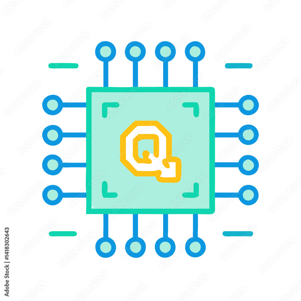 Poster quantum computing concept in circuit board with letter q
