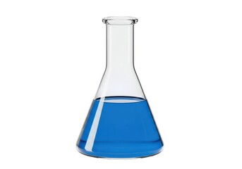 3d laboratory erlenmeyer flask with blue liquid stock photo isolated on white background