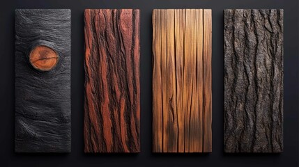 Four wood texture panels of black, red, light brown and dark grey.