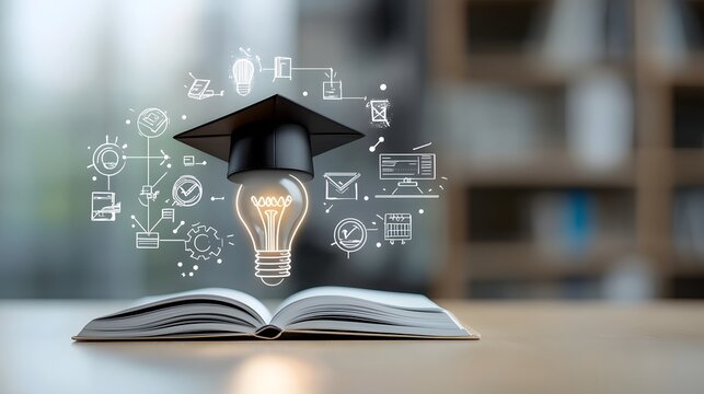 A glowing lightbulb perched on an open book adorned with a graduation cap surrounded by digital learning icons capturing the essence of education innovation