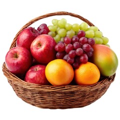 Basket full of fresh fruits on white background