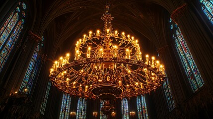 Obraz premium Stunning chandelier adorned with crystals hanging from the cathedral ceiling