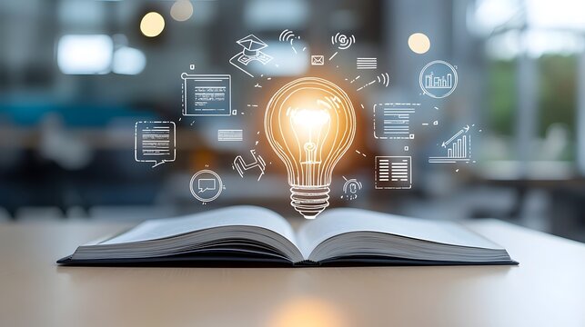 A conceptual image representing the advancements in online education with a bright lightbulb symbolizing ideas and innovation surrounded by digital course icons and an open book against a dreamy