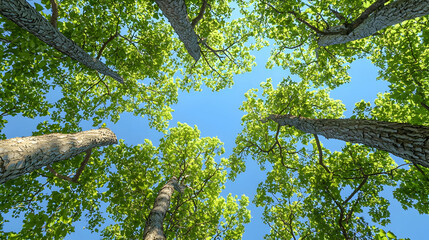 Fototapeta premium Upward View Of Lush Green Trees Against Blue Sky