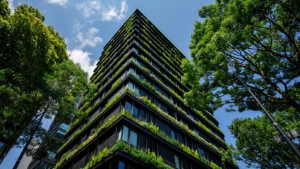 Eco-friendly building in modern city. Sustainable glass office building with trees for reducing CO2. Green architecture. Future green business concept. True Digital Park Bangkok Thailand