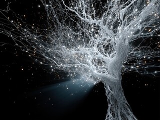 Magical glowing tree with intertwined branches and shimmering lights against a dark sky, symbolizing growth and illumination.