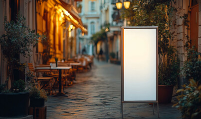 roll up mockup poster or menu stand in against classic European street background with cafe or restaurant tables environment as wide banner design with blank empty copy space area - Generative AI