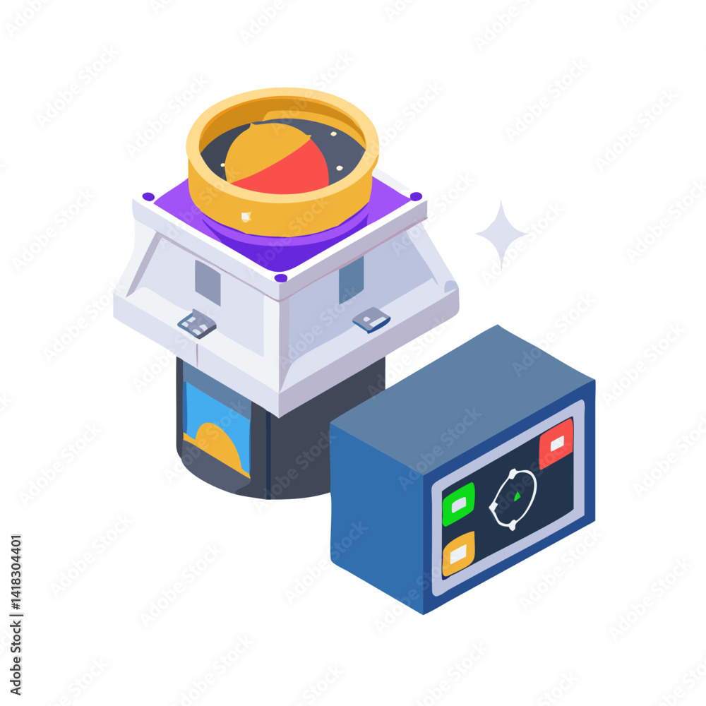 Poster isometric futuristic control tower with display panel and shine