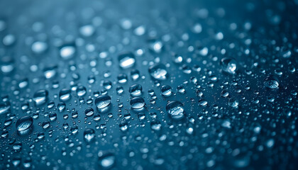 close up of water droplets on a blue surface