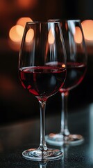Two elegant wine glasses filled with red wine, against a warm, blurred background.