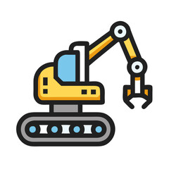 Illustration of yellow construction crane with grabber on black