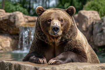Fototapeta premium closeup on an angry brown bear showing its teeth with copyspace area