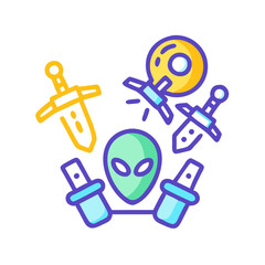 Alien Surrounded by Swords, Disc, Handcuffs on Black Background