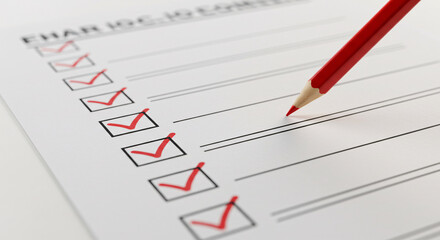 Minimalist Checklist with Red Pencil and Checkmarks &ndash; Survey, To-Do, Ballot, Quality Control Concept
