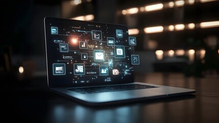 A laptop displaying a vibrant interface with educational icons and floating books surrounded by glowing shelves and dark wooden textures in the background