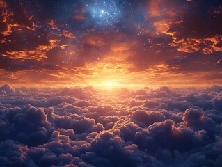 Stunning celestial sunset over a vast cloud sea.